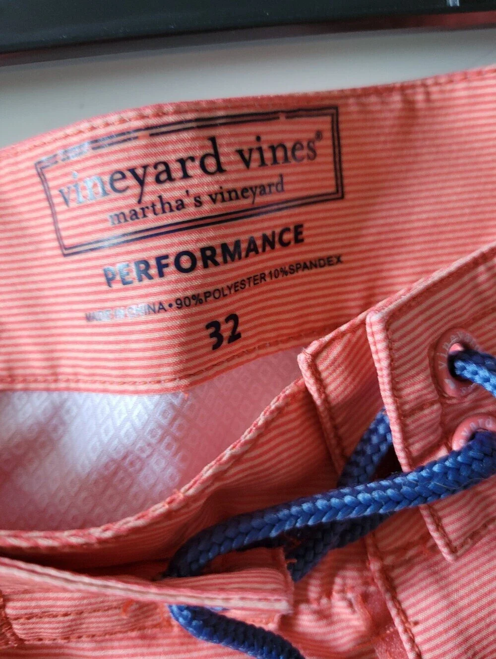 Vineyard Vines Performance Coral and Blue Stripe Board Shorts 32